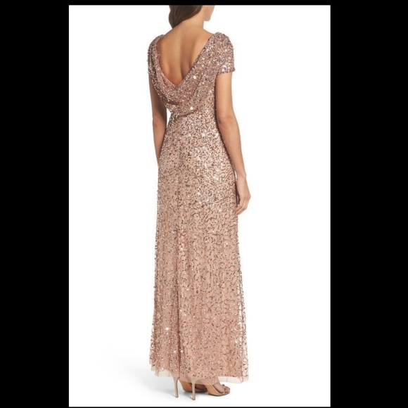 NWT $299 Adrianna Papell Sequin‎ Cowl Back Gown in Rose Gold [PETITE 2P ] - Picture 7 of 10